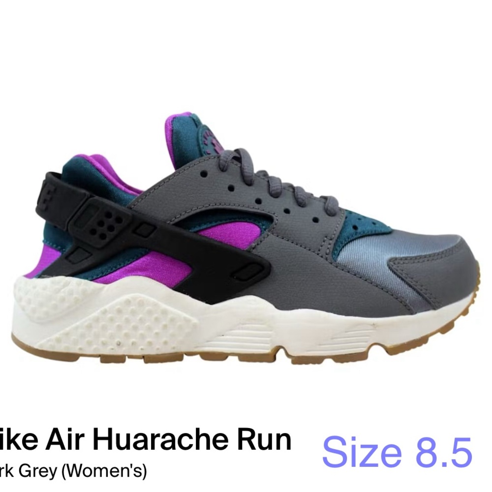 Nike Huarache Run Gray with Purple and Teal women size 8.5 Excellent used Cond.